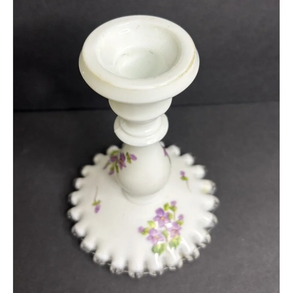 Fenton Silver Crest Violets in The Snow Single Candlestick Milk Glass Vintage